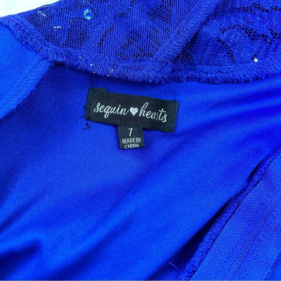 Sequin Hearts mesh back, lace and sequin blue sheath cocktail party dress, 7 - Picture 12 of 14